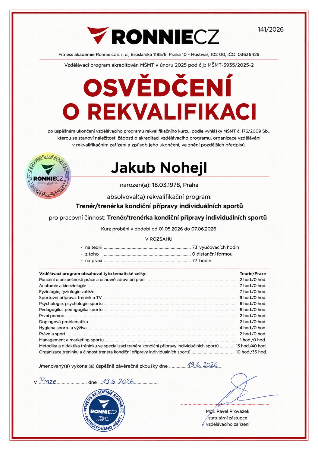 Certifikát kondičního trenéra Jakuba Nohejla