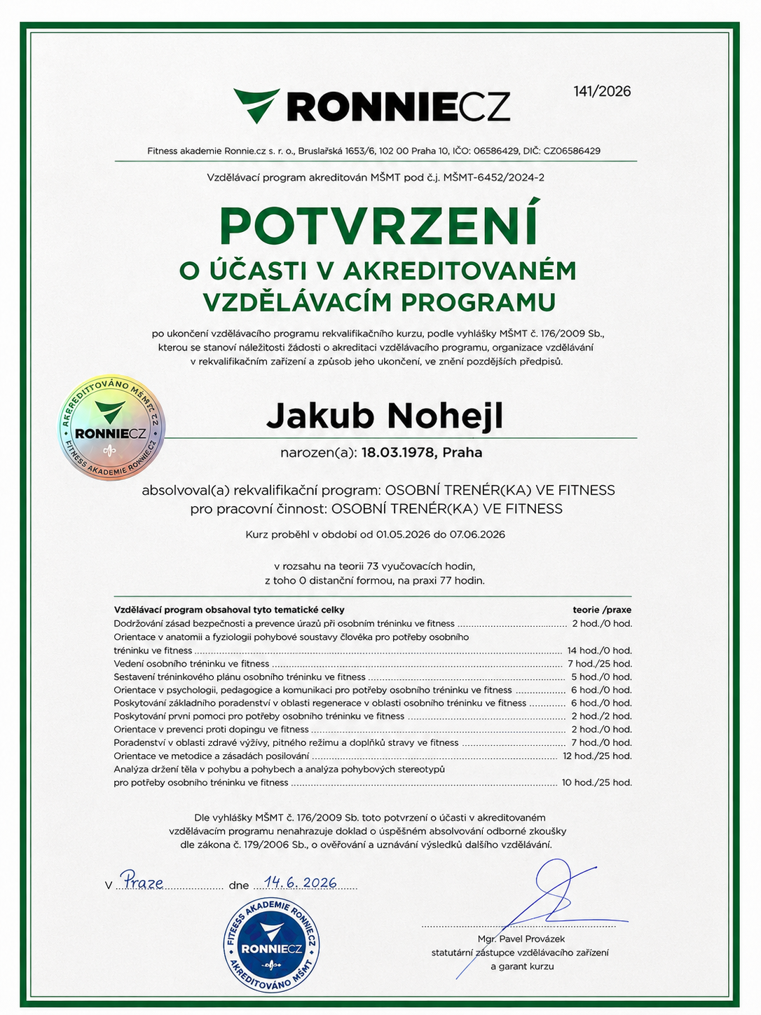 Certifikát osobního trenéra Jakuba Nohejla